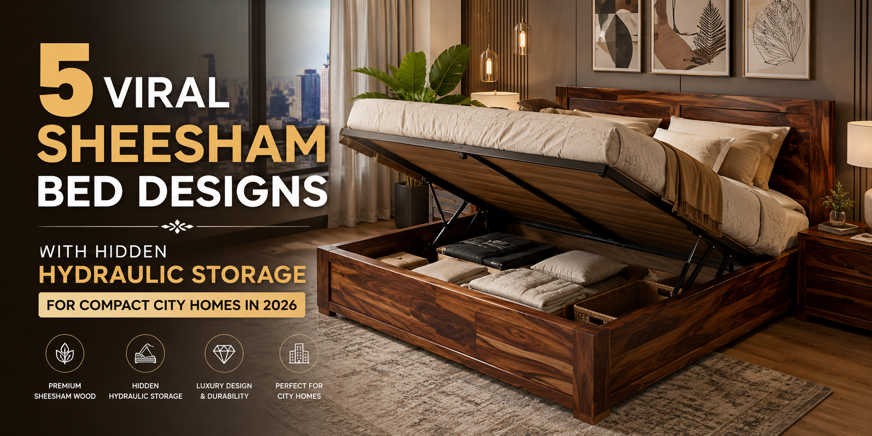 5 Viral Sheesham Bed Designs with Hidden Hydraulic Storage for Compact City Homes in 2026